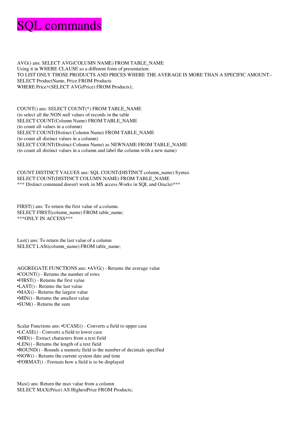 Preview image for SQL commands QUESTIONS AND ANSWERS
